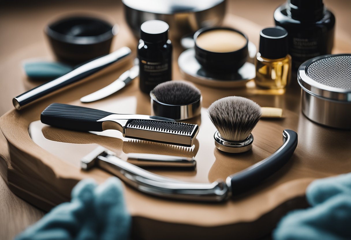 A man's hand holding a razor, surrounded by various grooming products and a mirror