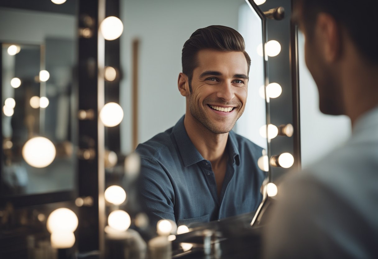 A man with a clean-shaven face looking in the mirror, smiling at his youthful appearance