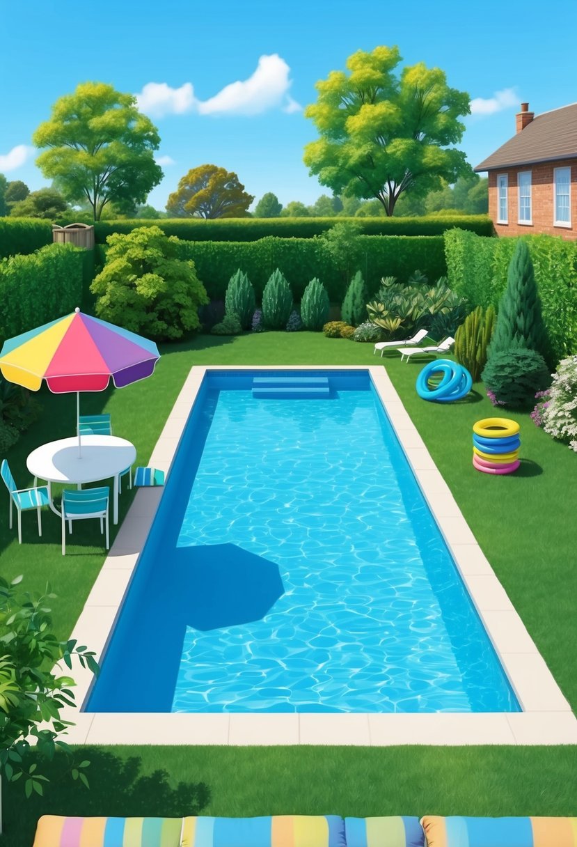 A sunny backyard with a clear blue pool surrounded by lush greenery. A table with a colorful umbrella and a stack of pool toys nearby