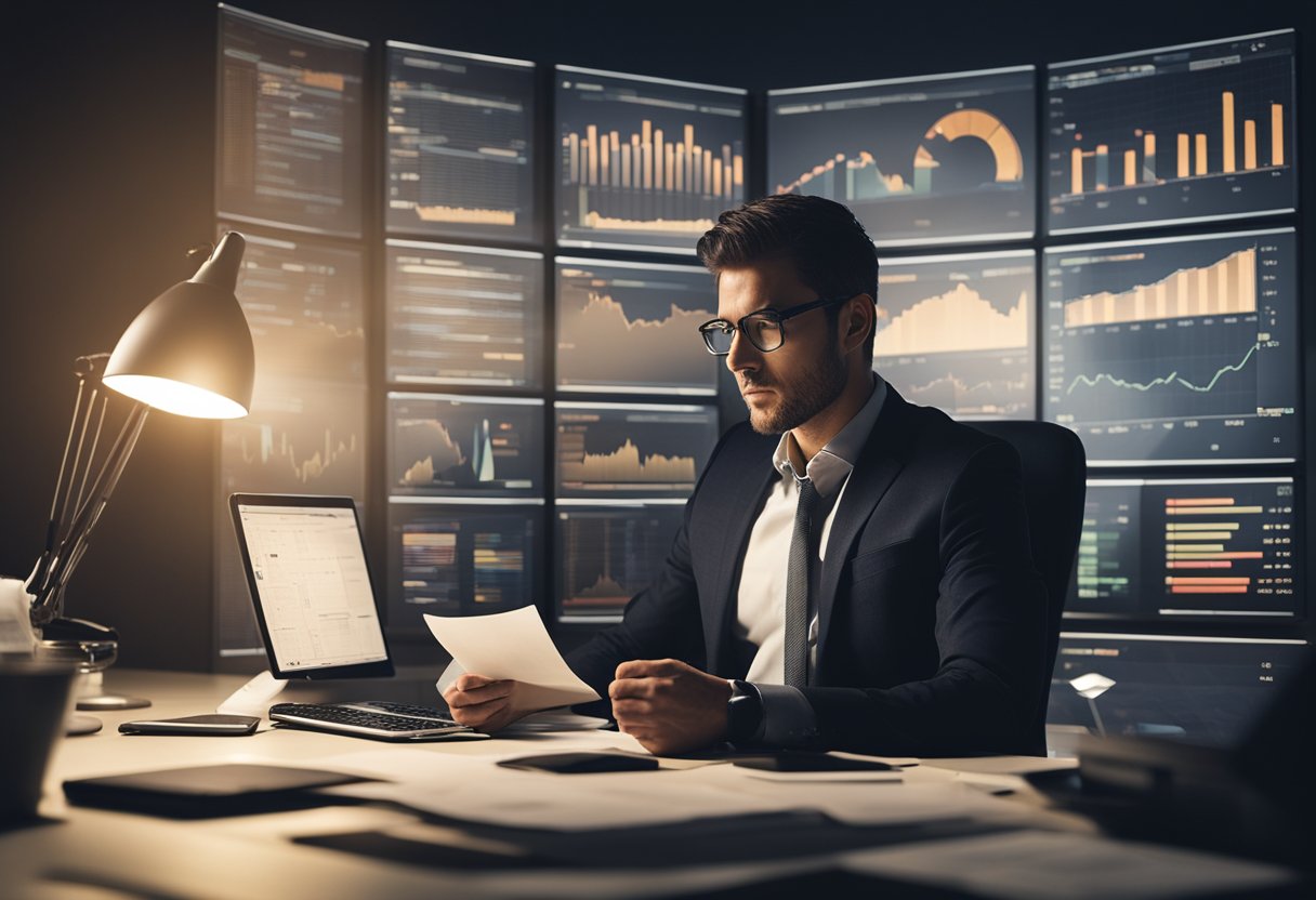 A dimly lit office with scattered papers and a computer screen displaying financial charts. A frustrated figure sits at the desk, staring at the screen