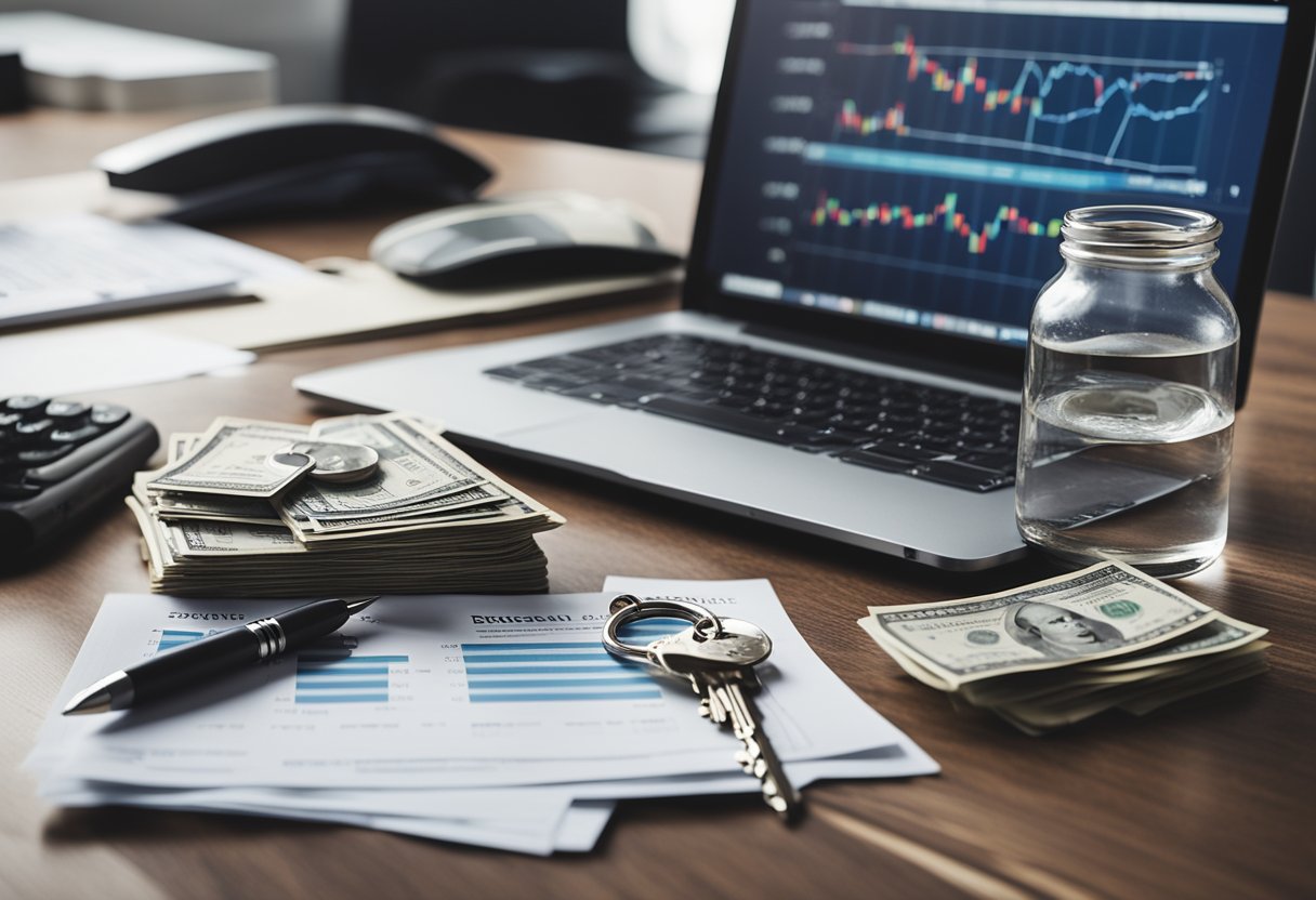 A desk with a laptop, stack of money, contract, and house keys, surrounded by financial charts and a pen