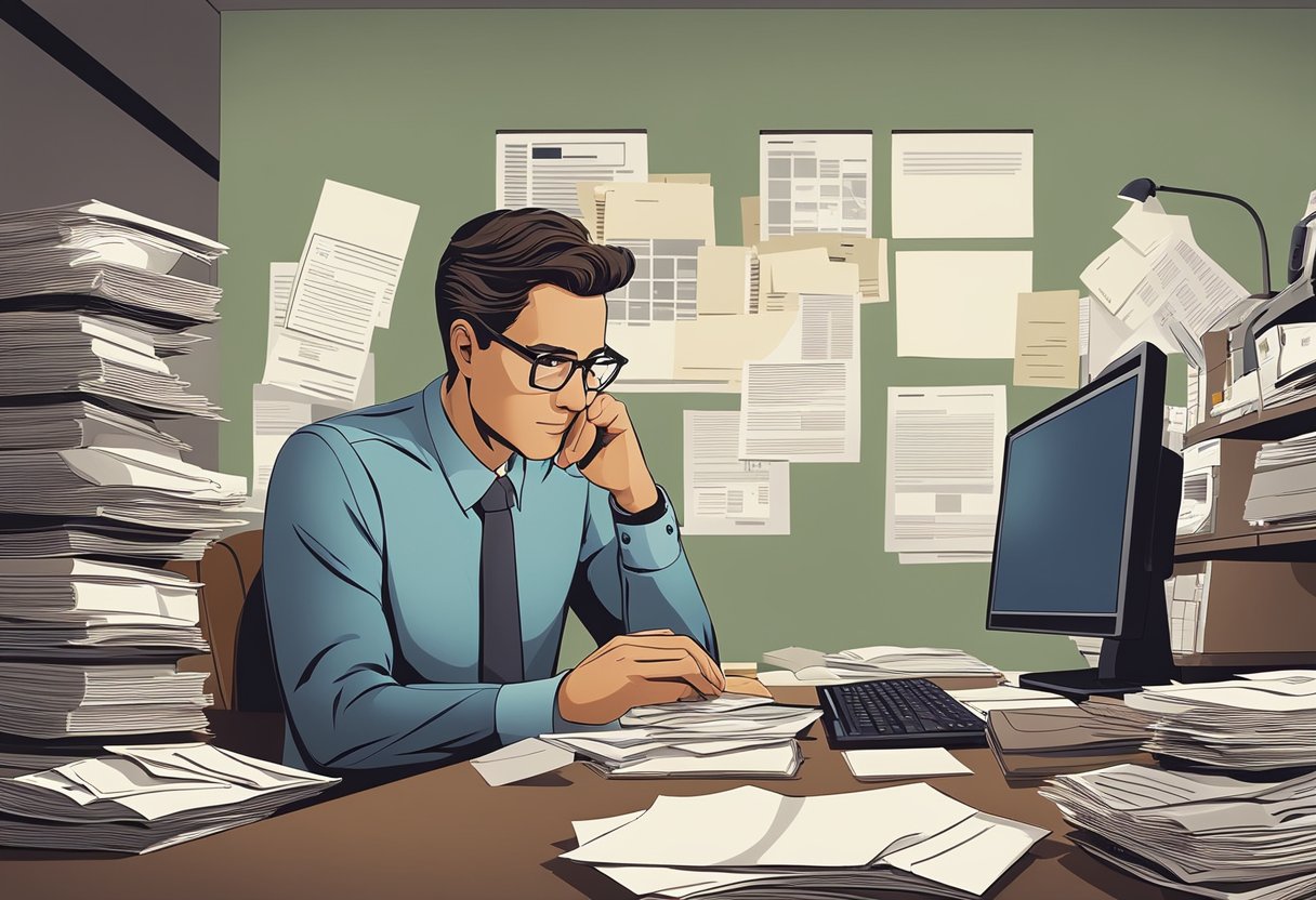 A person sitting at a desk, surrounded by paperwork and a computer, with a thoughtful expression on their face