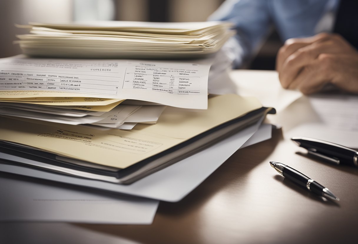 A desk with a laptop, pen, and paper. A stack of documents labeled "Private Lending" sits nearby. A person is writing notes and reviewing the documents