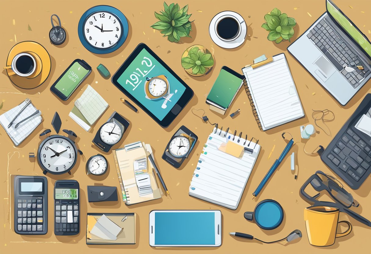 A cluttered desk with various objects, including a smartphone, notebook, and coffee mug. A clock on the wall shows the time