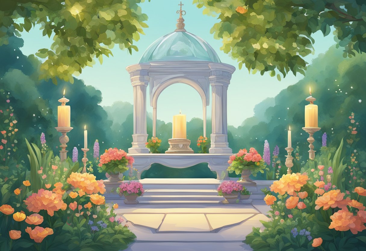 A serene garden with a clear sky, surrounded by vibrant flowers and lush greenery. A small, ornate altar sits in the center, adorned with crystals and candles