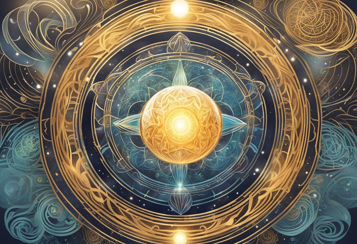 A serene, sunlit space with a glowing orb at the center, surrounded by swirling patterns and symbols representing manifestation and meditation