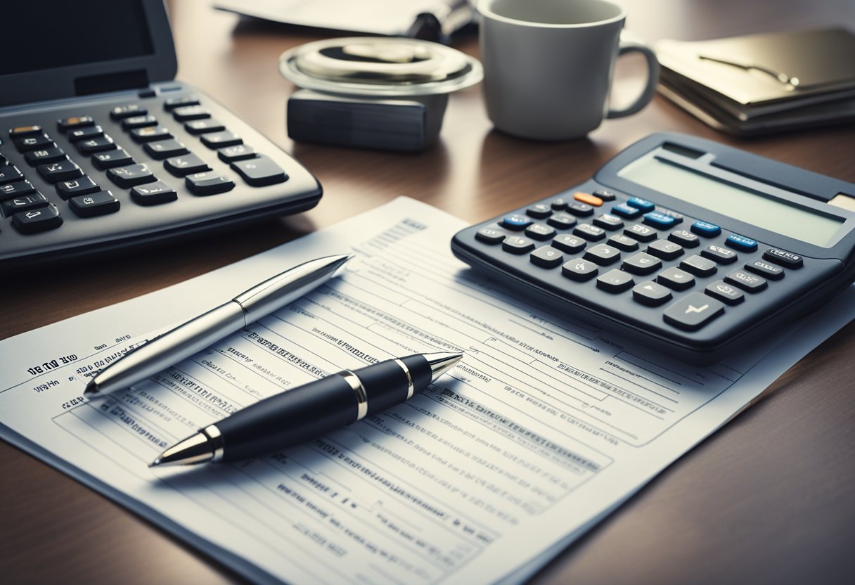 A desk with a laptop, calculator, and tax forms. A stack of property-related documents and a list of frequently asked questions