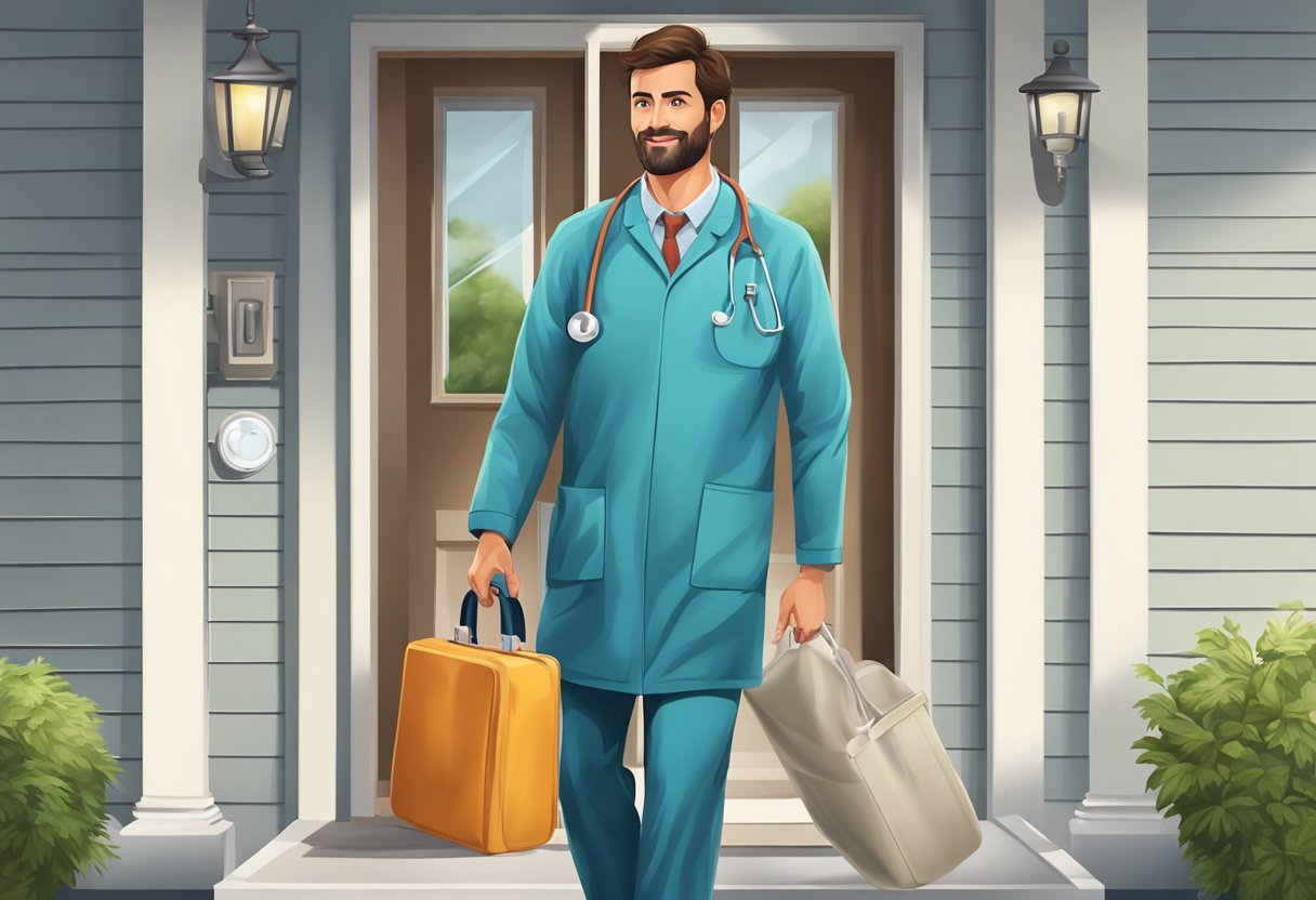 Um médico fazendo uma visita domiciliar, carregando uma maleta médica e usando um estetoscópio, parado na porta da frente de uma casa