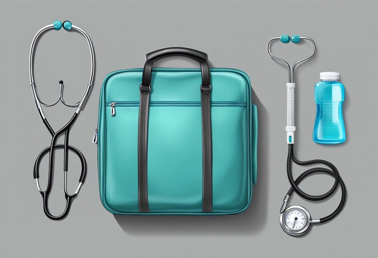 Uma bolsa médica e um estetoscópio dispostos em uma mesa limpa e organizada, prontos para atendimento médico domiciliar.