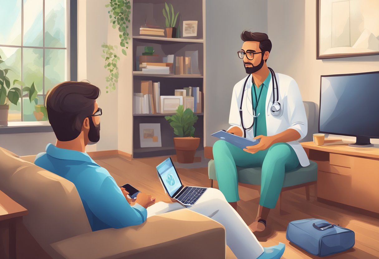 Um médico fazendo uma visita domiciliar, carregando uma maleta médica e conversando com um paciente em uma sala de estar aconchegante, com foco em aspectos financeiros e de seguro saúde.