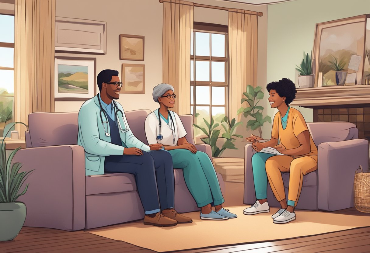 Um médico e um paciente têm uma conversa amigável em uma sala de estar aconchegante durante uma visita médica em casa.