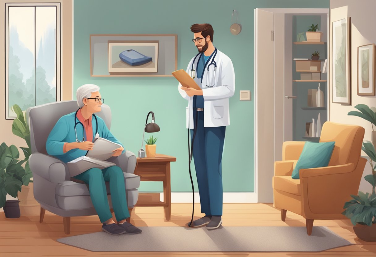 Um médico faz uma visita domiciliar, carregando uma maleta médica e um estetoscópio, enquanto um paciente está sentado em uma cadeira aconchegante na sala de estar.