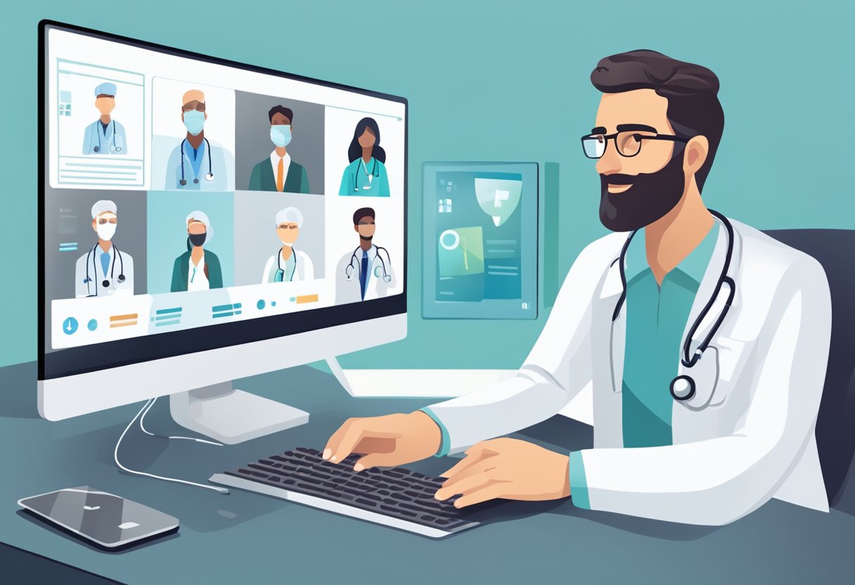 Um médico sentado em um computador, falando com um paciente em uma videochamada, com equipamentos médicos e um logotipo de telemedicina ao fundo