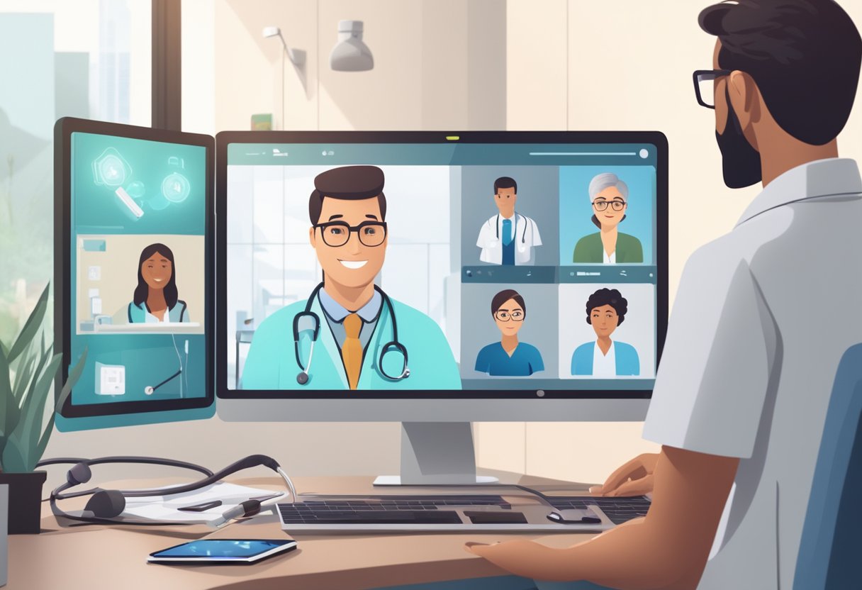 Um médico e um paciente participam de uma consulta médica virtual por meio de videochamada, com equipamentos e tecnologia médica visíveis ao fundo.