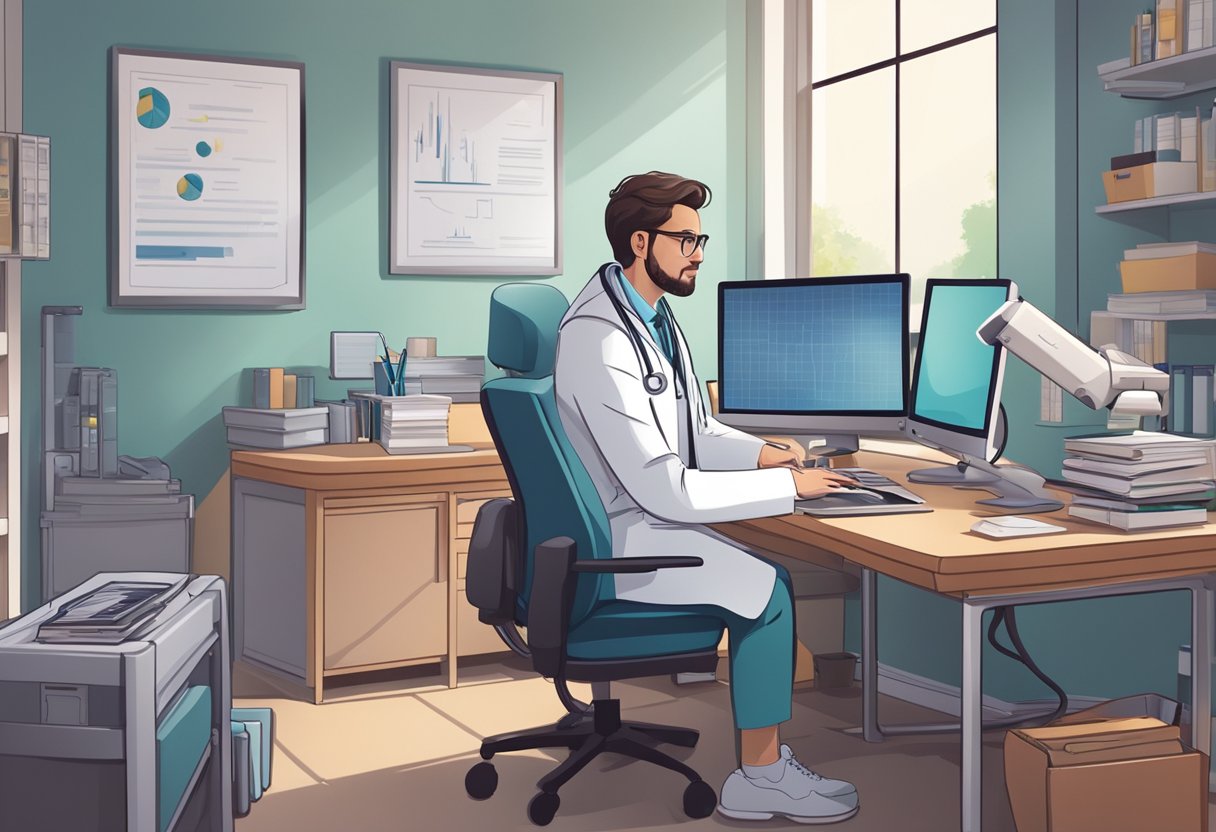 Um médico sentado em uma mesa com um computador, conversando com um paciente em uma videochamada. Equipamentos médicos e livros são visíveis ao fundo.