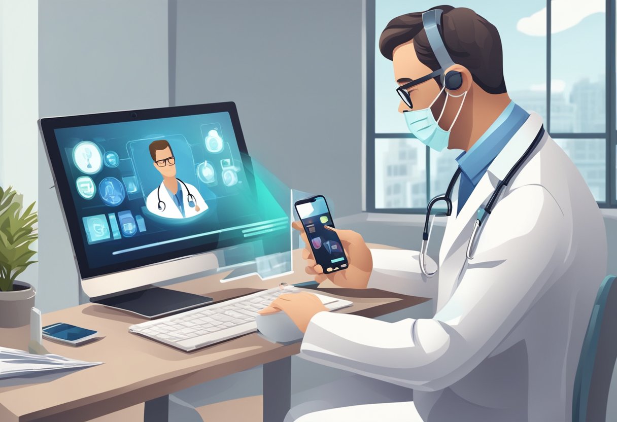 Um médico realizando uma consulta médica virtual com um paciente por meio de um computador ou dispositivo móvel