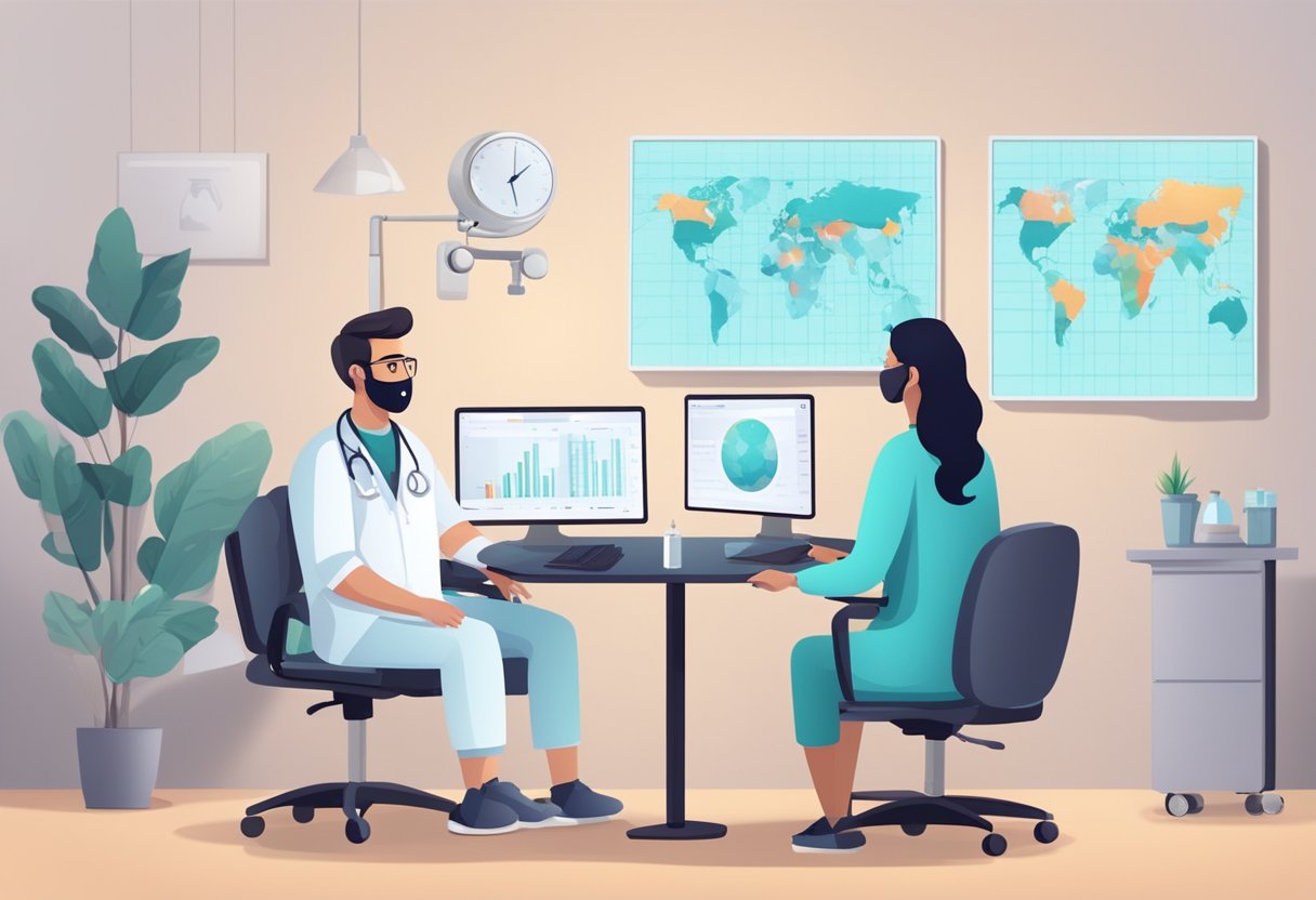 Uma consulta médica virtual com um médico e um paciente em telas separadas, com equipamento médico e um ambiente confortável