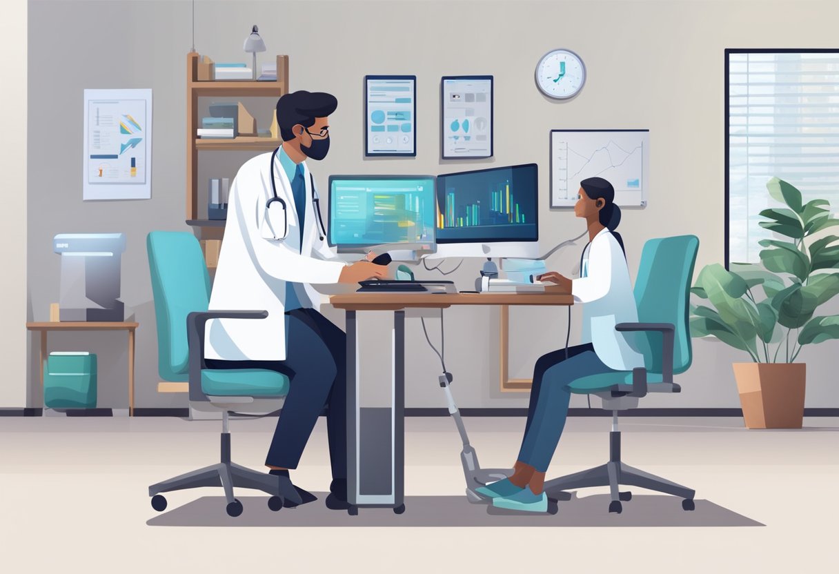 Um médico usando um computador para realizar uma consulta médica virtual com um paciente. O médico está sentado em uma mesa com ferramentas e equipamentos médicos nas proximidades.