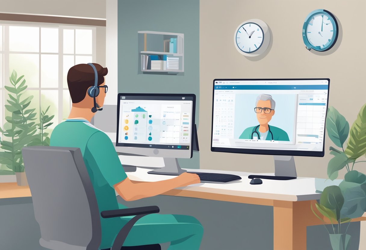 Um paciente está sentado em um computador, falando com um médico por meio de uma videochamada. Um calendário e registros médicos são visíveis na tela.