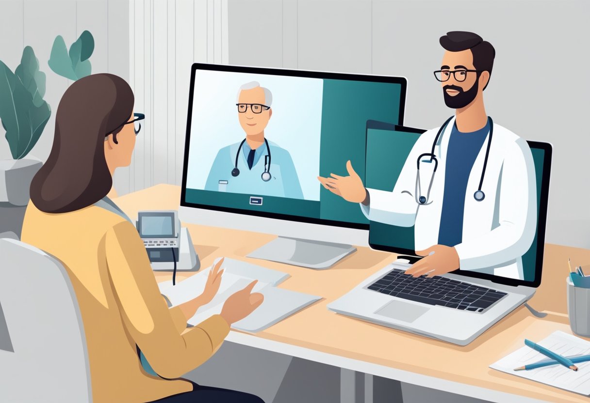 Um médico e um paciente participam de uma consulta médica virtual, com um computador ou tablet exibindo uma videochamada entre eles. O médico ouve atentamente enquanto o paciente explica seus sintomas.