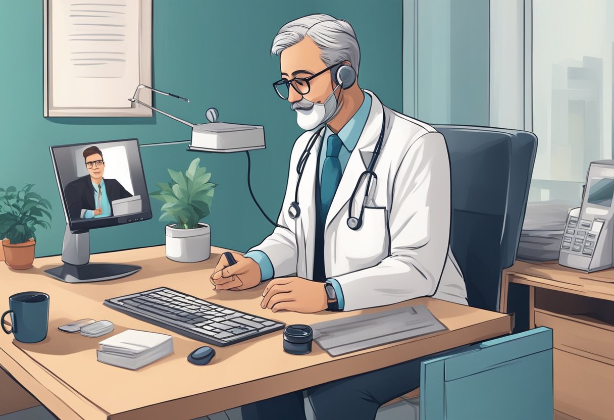Um médico sentado em uma mesa com um computador, consultando um paciente por videochamada para uma consulta médica online.