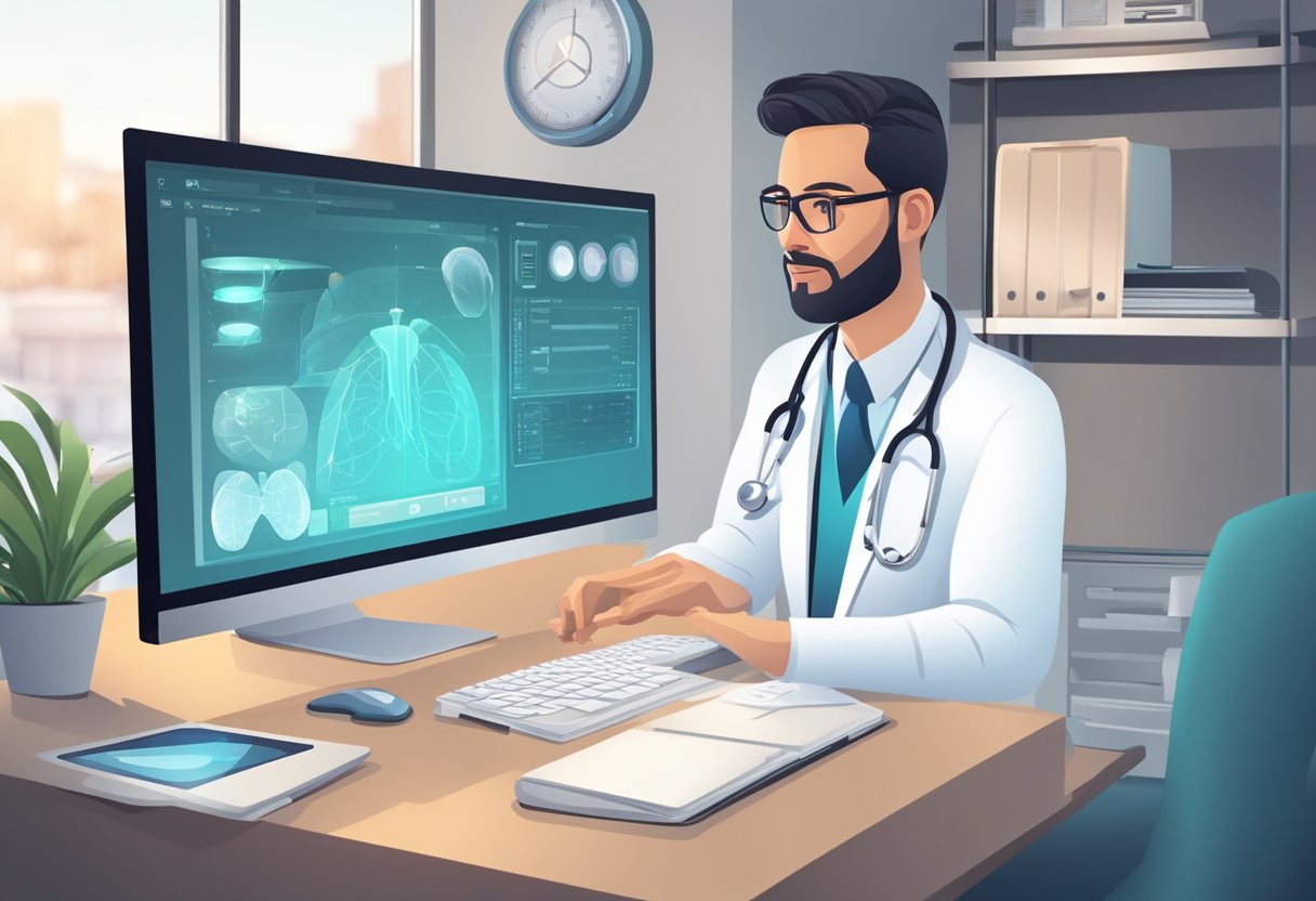 Um médico realizando uma consulta médica virtual, com um computador e equipamentos médicos ao fundo
