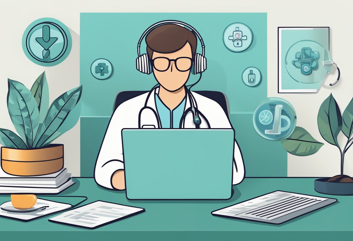 Uma pessoa usando um laptop para fazer uma videochamada com um médico, com um símbolo médico ao fundo.