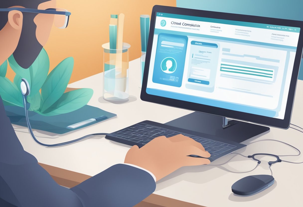 Uma tela de computador com uma consulta médica virtual para emissão de atestado médico online