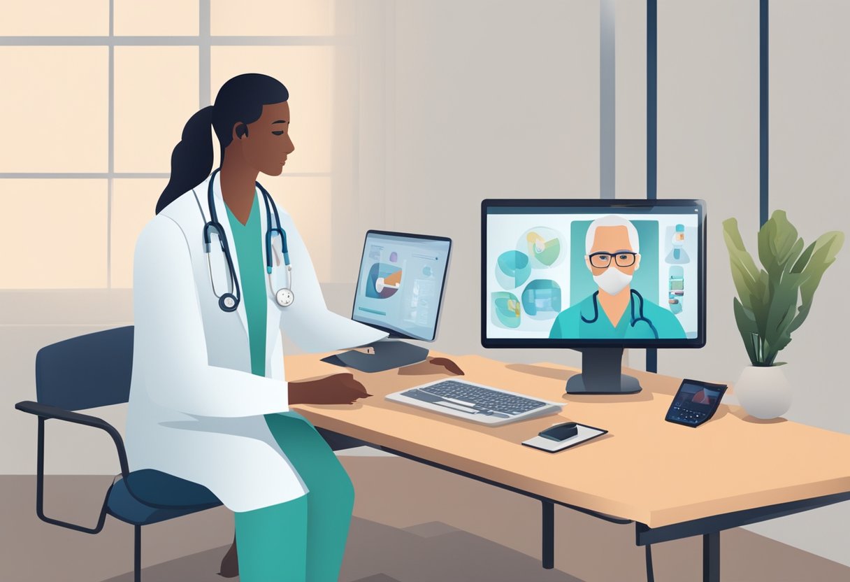 Um médico e um paciente participam de uma consulta virtual de telemedicina, com equipamentos médicos e uma tela de computador exibindo a consulta online.