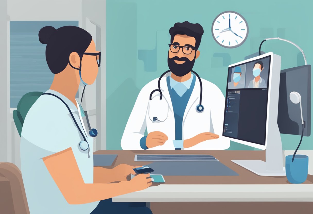 Um médico realizando uma consulta virtual, com um paciente visível na tela do computador. O médico está segurando um prontuário médico digital e o paciente está segurando um dispositivo médico em casa.