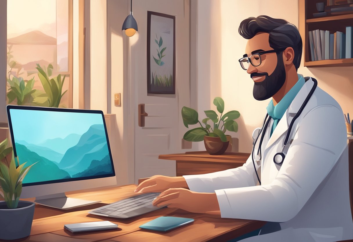 Um médico de jaleco branco usando um computador para fazer vídeo chamada com um paciente em um aconchegante escritório em casa em Curitiba