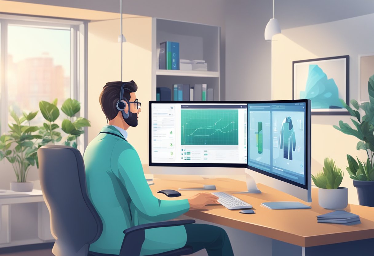 Um médico sentado em um computador em um escritório moderno, fazendo uma videochamada com um paciente na tela. Equipamentos médicos e uma área de espera confortável são visíveis ao fundo.