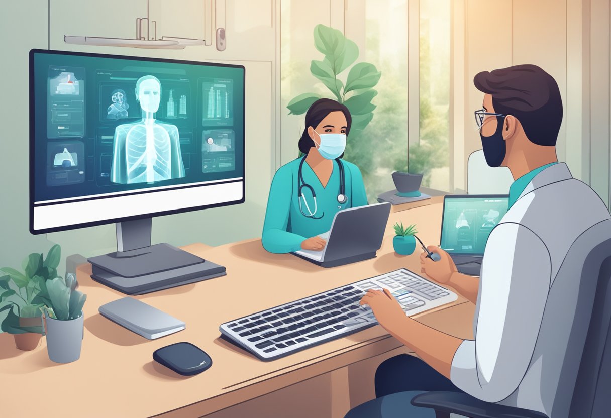 Uma tela de computador exibindo uma consulta médica virtual com um médico e um paciente em Curitiba, Brasil