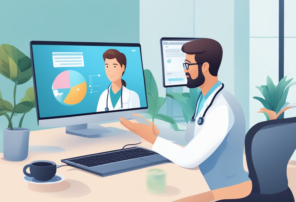 Uma tela de computador exibindo uma consulta médica virtual em andamento, com um médico e um paciente interagindo online.