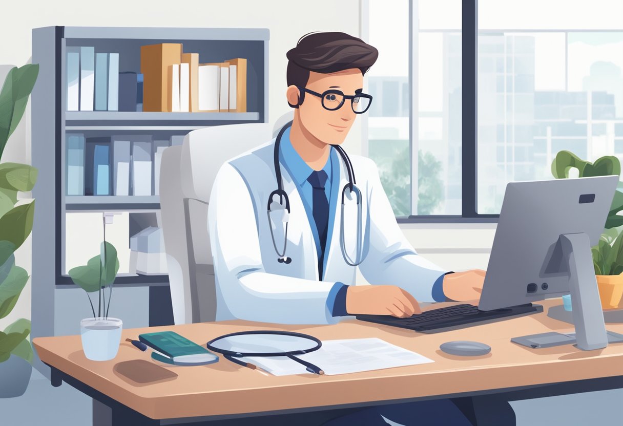Um médico está sentado em uma mesa, consultando um paciente por meio de videochamada. Uma lista de sintomas e queixas comuns é exibida na tela do computador.