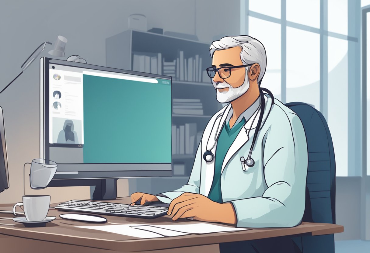 Um médico sentado em um computador, conversando com um paciente por videochamada, com uma postura reconfortante e atenta.