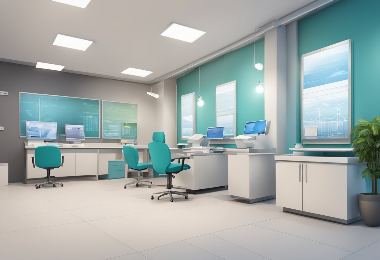 Uma clínica médica moderna em Curitiba, com tecnologia avançada e infraestrutura para consultas online.