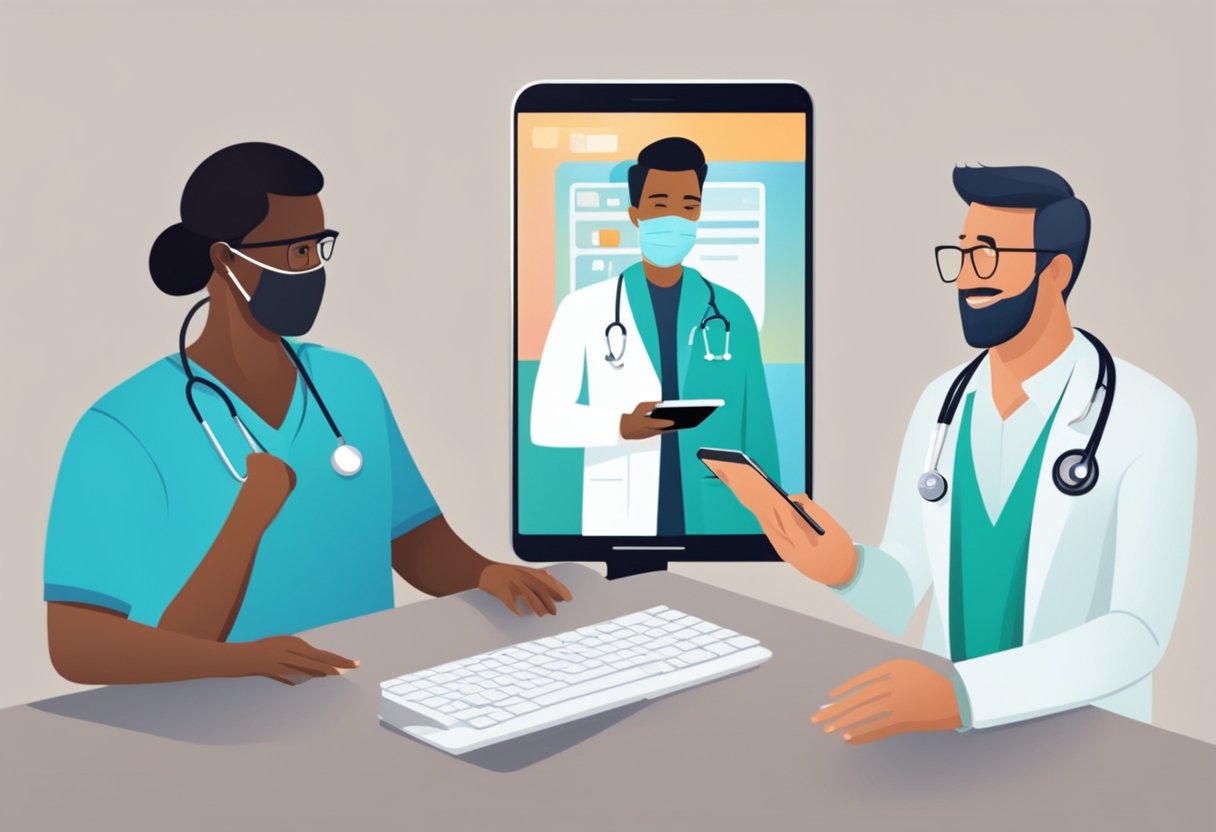 Um médico e um paciente participam de uma consulta virtual por meio da telemedicina, com um computador ou smartphone exibindo a consulta médica online que está ocorrendo em Curitiba.