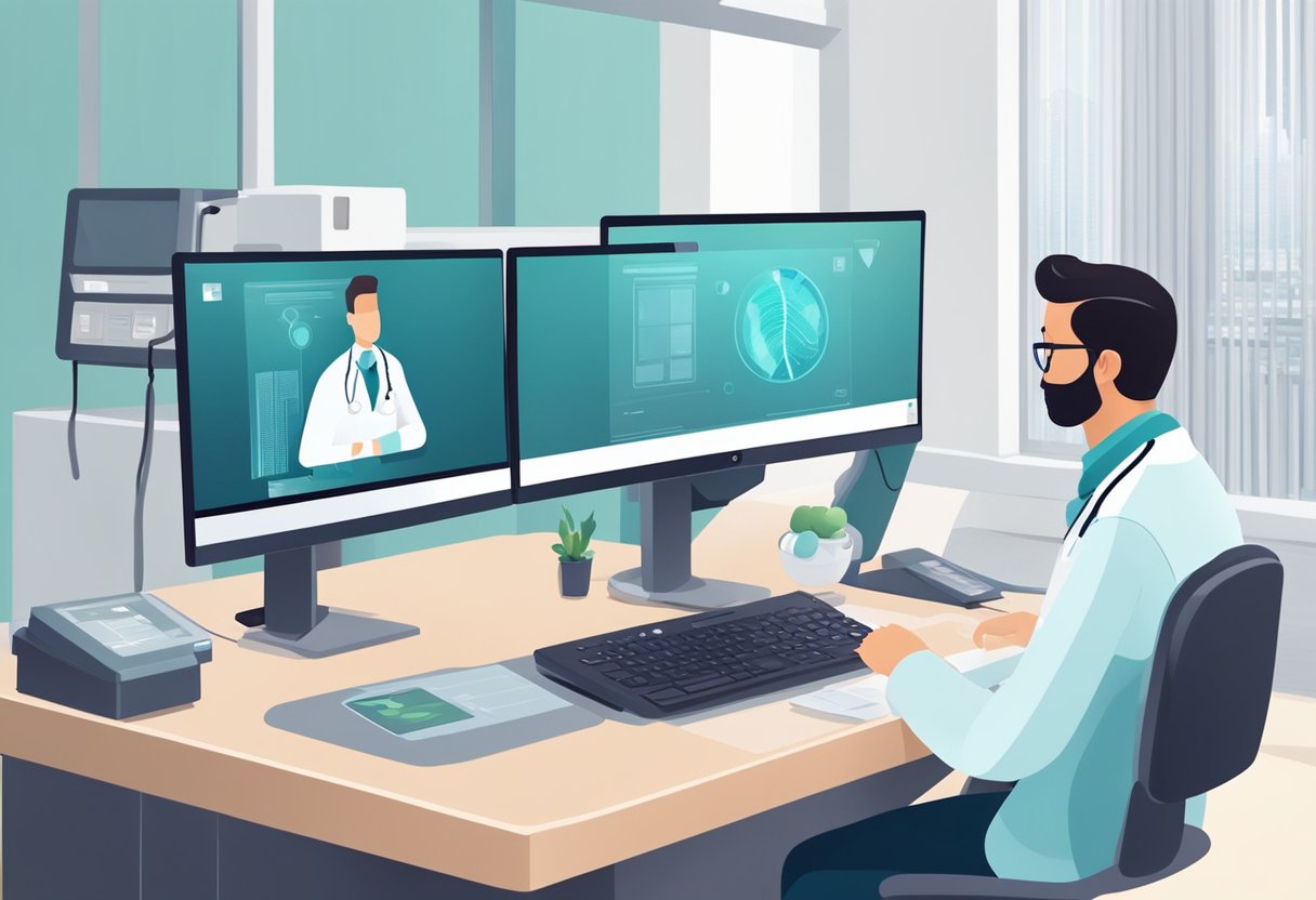 Um médico está sentado em uma mesa na frente de um computador, falando com um paciente por meio de uma videochamada. A sala é clara e moderna, com equipamentos médicos visíveis ao fundo.