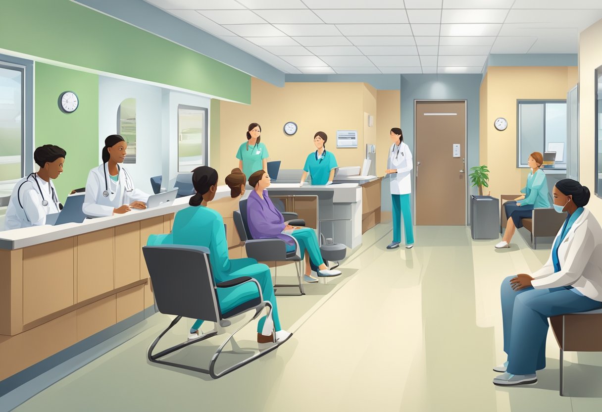 Uma clínica médica movimentada com pacientes esperando em uma sala de espera moderna e bem iluminada. Uma recepcionista atende um paciente na recepção enquanto médicos e enfermeiros entram e saem das salas de exame.