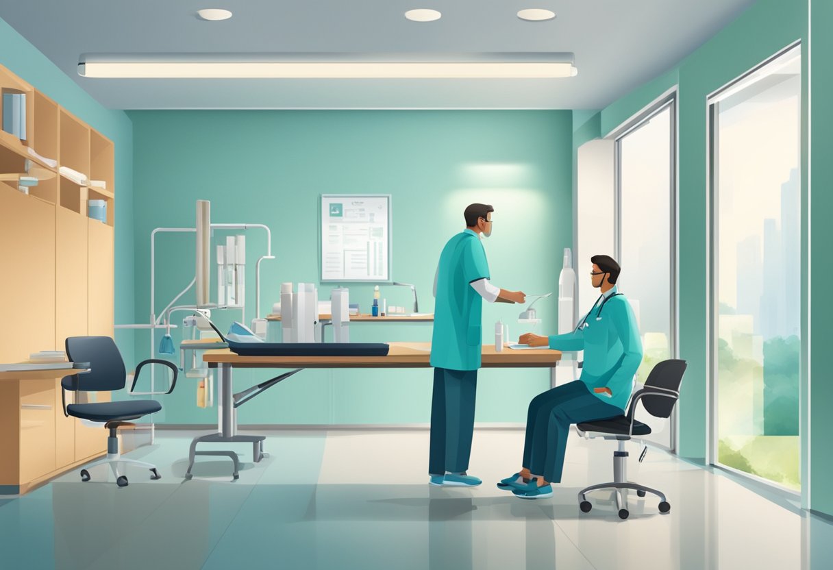 Um médico e um paciente em uma sala de clínica, com equipamentos médicos e uma mesa.