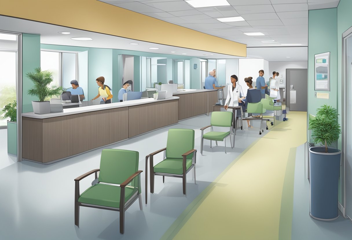 Uma clínica médica ambulatorial movimentada com várias salas de consulta e áreas de espera. Os pacientes fazem o check-in na recepção e a equipe médica se move entre as salas.