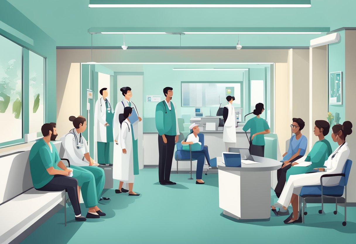 Uma clínica médica movimentada com pacientes esperando na área de recepção, enquanto médicos e enfermeiros atendem pacientes nas salas de exame.