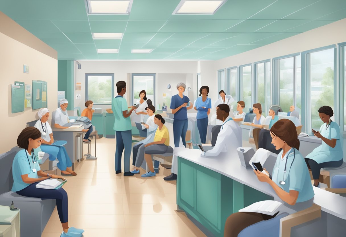 Uma clínica médica movimentada, com pacientes se registrando na recepção, médicos e enfermeiros atendendo pacientes nas salas de exame, e uma área de espera cheia de pessoas lendo revistas e usando seus celulares.