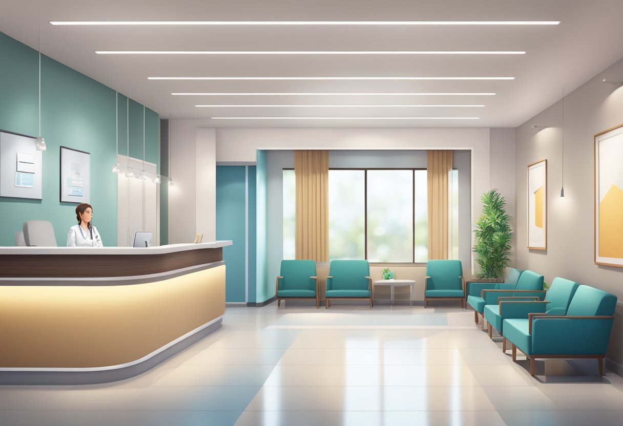 Uma clínica médica moderna com um balcão de recepção, área de espera e salas de exame, com iluminação clara e assentos confortáveis.