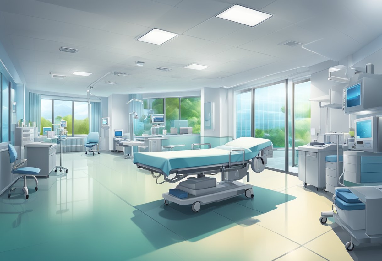 Um hospital moderno com uma clínica médica iluminada 24 horas, equipada com equipamentos de última geração e uma equipe de profissionais de saúde dedicados.