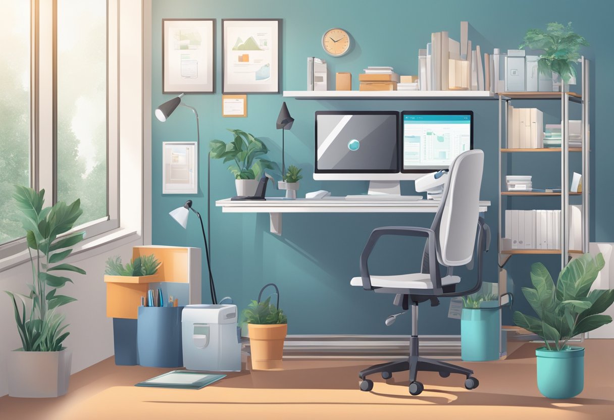 Um escritório moderno em casa com um computador, telefone e equipamentos médicos, com um médico fornecendo cuidados médicos virtuais a um paciente.