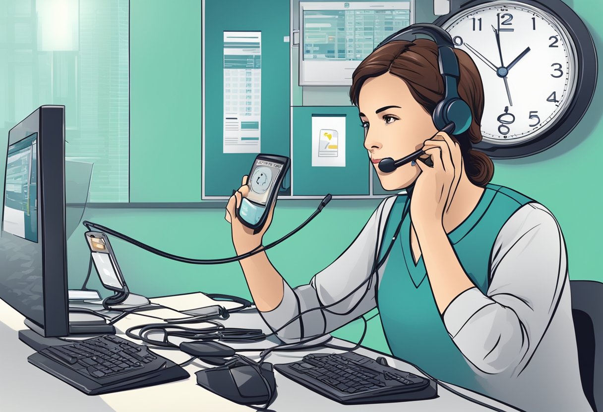 Um operador de linha direta médica assistindo um paciente por telefone, cercado por equipamentos médicos e um relógio mostrando disponibilidade 24 horas.
