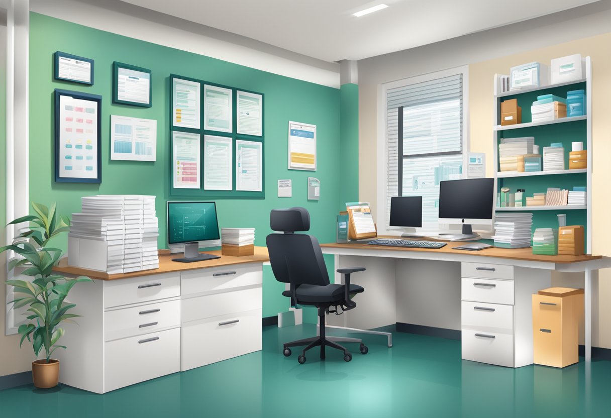 Um consultório médico com uma placa de 24 horas, receitas médicas e certificados em uma mesa