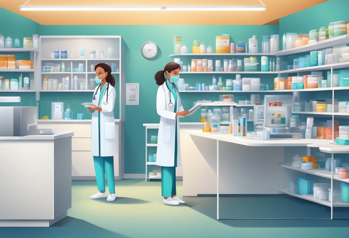 Um médico e uma enfermeira estão prontos em uma clínica médica 24 horas bem iluminada, com equipamentos e suprimentos médicos organizados de forma ordenada em prateleiras e balcões.